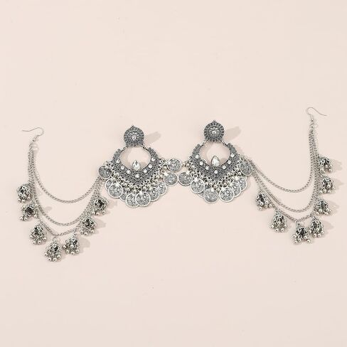 البوهيمي Jhumka Jhumki الأقراط التقليدية سلسلة طويلة شرابة جرس استرخى قطرة الأزياء المتدلية الكريستال القرط بوليوود العرقية الغجر الهندي فريدة من نوعها للنساء فتاة مؤكسدة مجوهرات هدايا in Kuwait