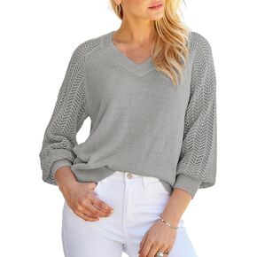 Dokotoo Women's Casual V-Neck Long Sleeve Sweaters Solid Color Pullover Knit Sweater Jumper Tops in Saudi Arabia