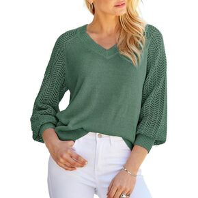 Dokotoo Women's Casual V-Neck Long Sleeve Sweaters Solid Color Pullover Knit Sweater Jumper Tops