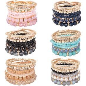 FINZOR 48Pcs Bohemian Stackable Bead Bracelets for Women Multicolor Stretch Beaded Bracelets Layered Bead Adjustable Bracelet Black Turquoise Stretch Bracelets in Kuwait