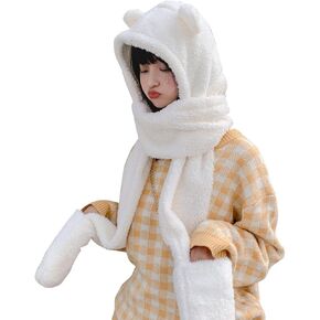 3 in 1 Womens Cute Winter Thick Warm Long Hooded Scarf with Mittens Soft Plush Hood Hat Scarf Animal Hat Scarf Mitten White
