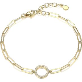 Amazon Essentials Cubic Zirconia Geometric Circle Paperclip Chain Link Bracelet in Sterling Silver, 6.75" + 1.5" Extender (previously Amazon Collection)