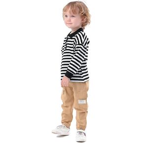 Little Boy's 2 Pcs Fall Long-Sleeve Stripe Polo Shirts + Cargo Pants Clothes Set in Kuwait