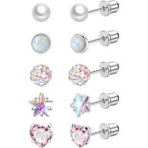 Staligue 5 Pairs Titanium Earrings for Sensitive Ears Hypoallergenic Screw Back Earrings for Girls Women Opal Pearl Heart Star CZ 20G Pure Titanium Screw On Earrings in Kuwait