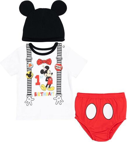 Disney Mickey Mouse 1st Birthday Baby Cosplay Graphic T-Shirt Diaper Cover and Hat 3 Piece Outfit Set in Saudi Arabia