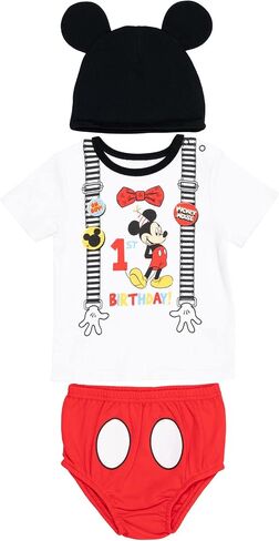 Disney Mickey Mouse 1st Birthday Baby Cosplay Graphic T-Shirt Diaper Cover and Hat 3 Piece Outfit Set in Saudi Arabia