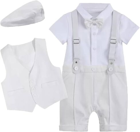 IBTOM CASTLE Baby Boy Outfits Set, Gentleman Jumpsuit & Vest Coat & Berets Hat with Bow Tie Wedding Tuxedo Formal Suit in Kuwait