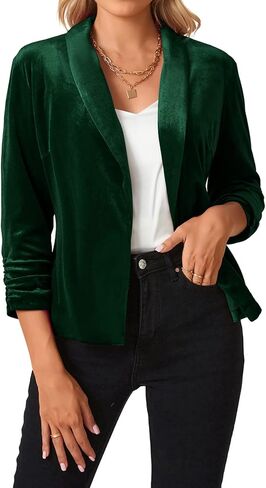 MINTLIMIT Women's 3/4 Sleeve Blazers Shawl Lapel Vintage Office Open Front Velvet Blazer (Dark Green,Size M) in Saudi Arabia