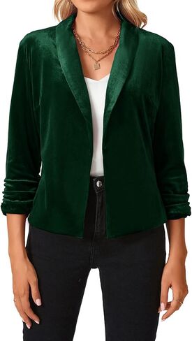MINTLIMIT Women's 3/4 Sleeve Blazers Shawl Lapel Vintage Office Open Front Velvet Blazer (Dark Green,Size M) in Saudi Arabia