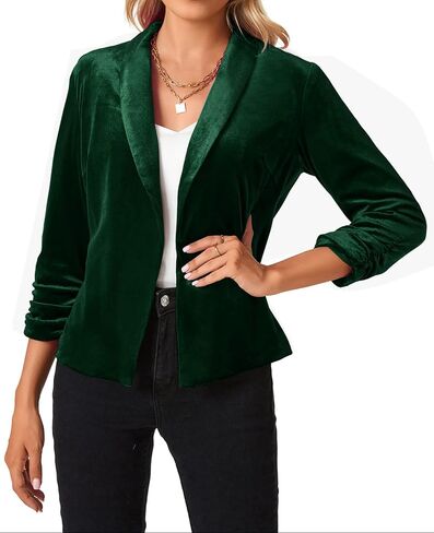 MINTLIMIT Women's 3/4 Sleeve Blazers Shawl Lapel Vintage Office Open Front Velvet Blazer (Dark Green,Size M) in Saudi Arabia