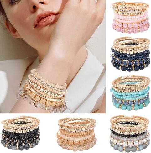 FINZOR 48Pcs Bohemian Stackable Bead Bracelets for Women Multicolor Stretch Beaded Bracelets Layered Bead Adjustable Bracelet Black Turquoise Stretch Bracelets in Kuwait
