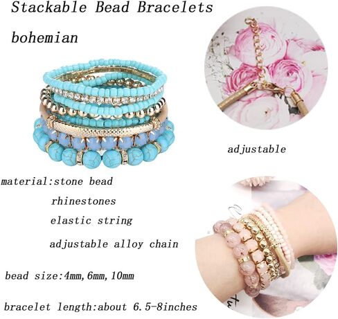 FINZOR 48Pcs Bohemian Stackable Bead Bracelets for Women Multicolor Stretch Beaded Bracelets Layered Bead Adjustable Bracelet Black Turquoise Stretch Bracelets in Kuwait