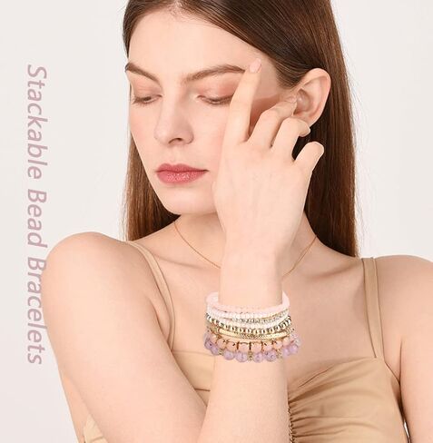 FINZOR 48Pcs Bohemian Stackable Bead Bracelets for Women Multicolor Stretch Beaded Bracelets Layered Bead Adjustable Bracelet Black Turquoise Stretch Bracelets in Kuwait