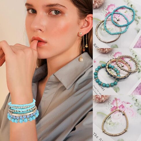 FINZOR 48Pcs Bohemian Stackable Bead Bracelets for Women Multicolor Stretch Beaded Bracelets Layered Bead Adjustable Bracelet Black Turquoise Stretch Bracelets in Kuwait