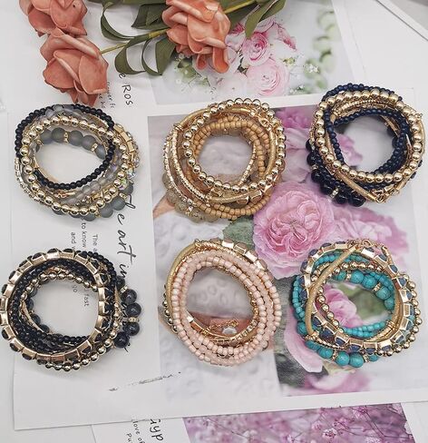 FINZOR 48Pcs Bohemian Stackable Bead Bracelets for Women Multicolor Stretch Beaded Bracelets Layered Bead Adjustable Bracelet Black Turquoise Stretch Bracelets in Kuwait