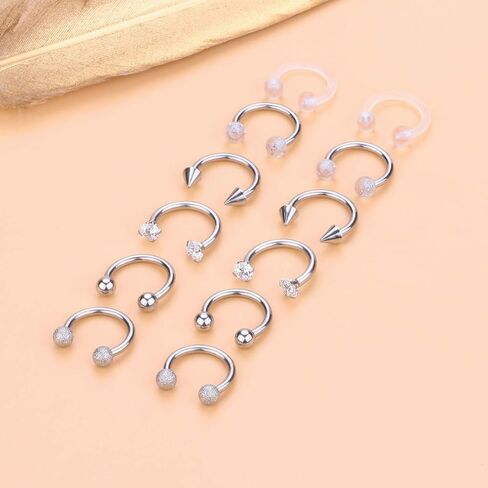 Hoeudjo الحاجز هوب الأنف الدائري 16G الجراحية الصلب حلقات حدوة الحصان الدائرية ثقب المجوهرات مع مكعب زركونيا الغضروف الحلزون القرط الحديد التجنيب للنساء الرجال 12 قطعة 8 مم 10 مم in Kuwait