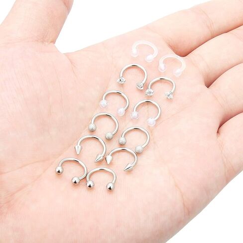 Hoeudjo الحاجز هوب الأنف الدائري 16G الجراحية الصلب حلقات حدوة الحصان الدائرية ثقب المجوهرات مع مكعب زركونيا الغضروف الحلزون القرط الحديد التجنيب للنساء الرجال 12 قطعة 8 مم 10 مم in Kuwait