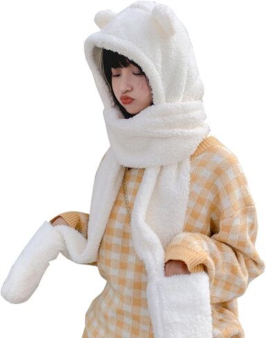3 in 1 Womens Cute Winter Thick Warm Long Hooded Scarf with Mittens Soft Plush Hood Hat Scarf Animal Hat Scarf Mitten White in Saudi Arabia