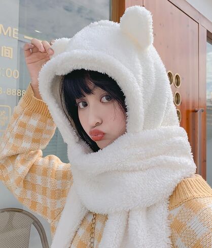 3 in 1 Womens Cute Winter Thick Warm Long Hooded Scarf with Mittens Soft Plush Hood Hat Scarf Animal Hat Scarf Mitten White in Saudi Arabia