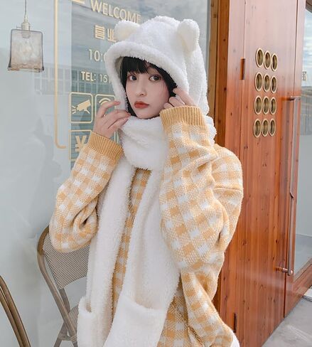 3 in 1 Womens Cute Winter Thick Warm Long Hooded Scarf with Mittens Soft Plush Hood Hat Scarf Animal Hat Scarf Mitten White in Saudi Arabia