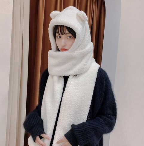 3 in 1 Womens Cute Winter Thick Warm Long Hooded Scarf with Mittens Soft Plush Hood Hat Scarf Animal Hat Scarf Mitten White in Saudi Arabia