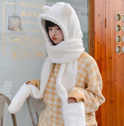 3 in 1 Womens Cute Winter Thick Warm Long Hooded Scarf with Mittens Soft Plush Hood Hat Scarf Animal Hat Scarf Mitten White in Saudi Arabia