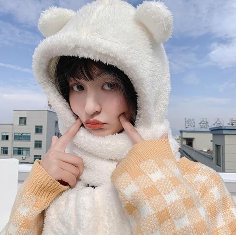 3 in 1 Womens Cute Winter Thick Warm Long Hooded Scarf with Mittens Soft Plush Hood Hat Scarf Animal Hat Scarf Mitten White in Saudi Arabia