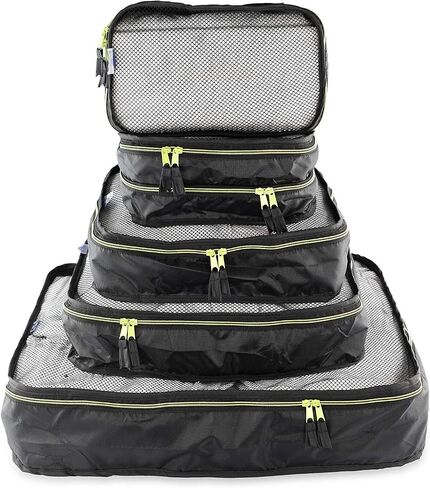 By Aline Set of 5 Packing Cubes for Travel Luggage, Different Sizes with Net for Greater Visibility and Ventilation of the Garment (Black With Fuchsia) in Saudi Arabia