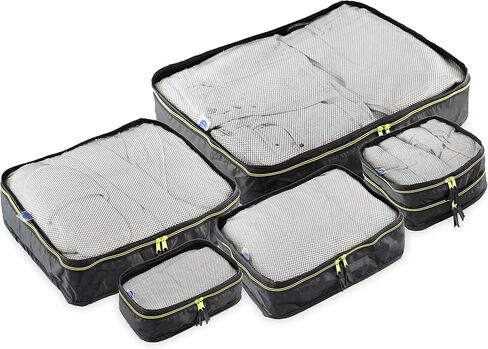 By Aline Set of 5 Packing Cubes for Travel Luggage, Different Sizes with Net for Greater Visibility and Ventilation of the Garment (Black With Fuchsia) in Saudi Arabia