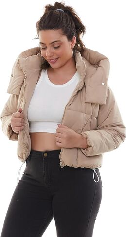 Women's Winter Fashion Cropped Bubble Jackets Stand Collar Hoodie Puffer Jacket Raglan Sleeve Quilted Coats in Kuwait