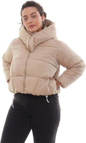Women's Winter Fashion Cropped Bubble Jackets Stand Collar Hoodie Puffer Jacket Raglan Sleeve Quilted Coats in Kuwait
