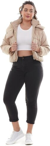 Women's Winter Fashion Cropped Bubble Jackets Stand Collar Hoodie Puffer Jacket Raglan Sleeve Quilted Coats in Kuwait