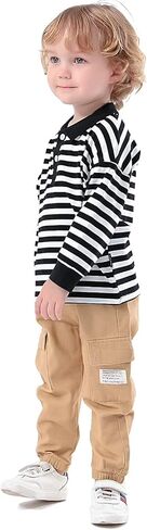 Little Boy's 2 Pcs Fall Long-Sleeve Stripe Polo Shirts + Cargo Pants Clothes Set in Kuwait