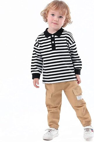 Little Boy's 2 Pcs Fall Long-Sleeve Stripe Polo Shirts + Cargo Pants Clothes Set in Kuwait
