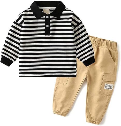Little Boy's 2 Pcs Fall Long-Sleeve Stripe Polo Shirts + Cargo Pants Clothes Set in Kuwait