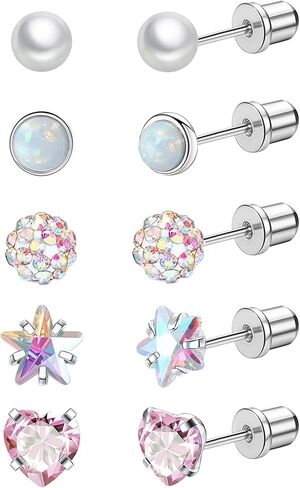 Staligue 5 Pairs Titanium Earrings for Sensitive Ears Hypoallergenic Screw Back Earrings for Girls Women Opal Pearl Heart Star CZ 20G Pure Titanium Screw On Earrings in Kuwait