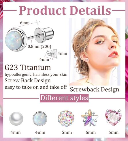 Staligue 5 Pairs Titanium Earrings for Sensitive Ears Hypoallergenic Screw Back Earrings for Girls Women Opal Pearl Heart Star CZ 20G Pure Titanium Screw On Earrings in Kuwait
