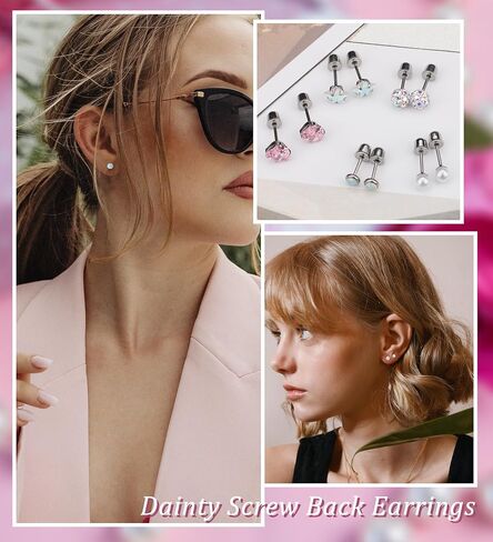 Staligue 5 Pairs Titanium Earrings for Sensitive Ears Hypoallergenic Screw Back Earrings for Girls Women Opal Pearl Heart Star CZ 20G Pure Titanium Screw On Earrings in Kuwait