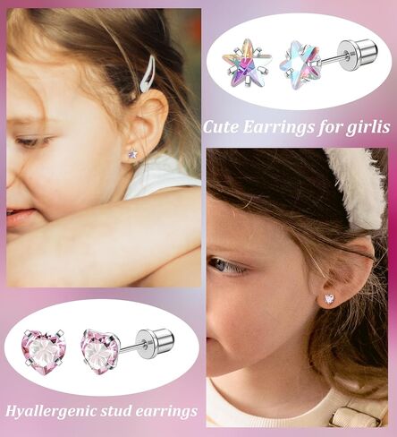 Staligue 5 Pairs Titanium Earrings for Sensitive Ears Hypoallergenic Screw Back Earrings for Girls Women Opal Pearl Heart Star CZ 20G Pure Titanium Screw On Earrings in Kuwait