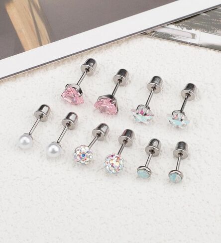 Staligue 5 Pairs Titanium Earrings for Sensitive Ears Hypoallergenic Screw Back Earrings for Girls Women Opal Pearl Heart Star CZ 20G Pure Titanium Screw On Earrings in Kuwait