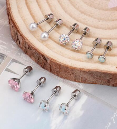 Staligue 5 Pairs Titanium Earrings for Sensitive Ears Hypoallergenic Screw Back Earrings for Girls Women Opal Pearl Heart Star CZ 20G Pure Titanium Screw On Earrings in Kuwait