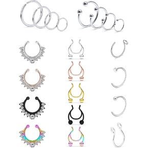 Prjndjw Fake Septum Nose Hoop Rings Stainless Steel Faux Lip Ear Nose Septum Ring Non Piercing Clip On Nose Hoop Rings Body Piercing Jewelry 24/21PCS Women Man Girl