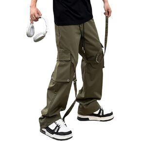 OYOANGLE Men's Camo Print Drawstring Waist Straight Wide Leg Flap Pocket Cargo Pants Trousers