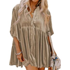 Melliflo Womens Velvet Dress Button Down T Shirt 3/4 Sleeve Tunic Tops Casual Lapel Babydoll Mini Dress in Kuwait