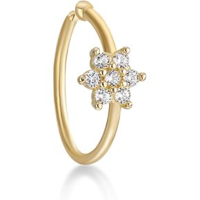 Lavari Jewelers 22 Gauge Cubic Zirconia Flower Hoop Nose Ring for Women in 14k White or Yellow Gold 5/16 Inches 4 mm 22G