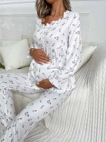 بيجامة حمل نسائية من MakeMeChic ملابس نوم مزهّرة وأكمام طويلة مكشكشة وأزرار سفلية وسروال وسروال PJ مجموعات in Saudi Arabia