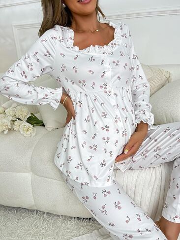 بيجامة حمل نسائية من MakeMeChic ملابس نوم مزهّرة وأكمام طويلة مكشكشة وأزرار سفلية وسروال وسروال PJ مجموعات in Saudi Arabia