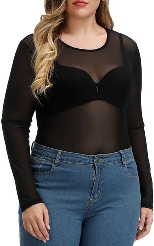 Hanna Nikole Women's Plus Size See Through Bodysuit Sheer Long Sleeve Jumpsuit in Saudi Arabia