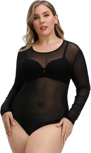 Hanna Nikole Women's Plus Size See Through Bodysuit Sheer Long Sleeve Jumpsuit in Saudi Arabia