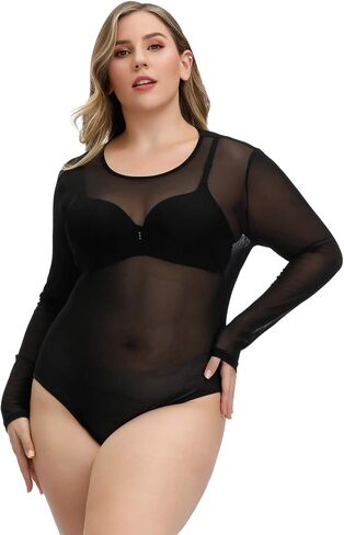 Hanna Nikole Women's Plus Size See Through Bodysuit Sheer Long Sleeve Jumpsuit in Saudi Arabia
